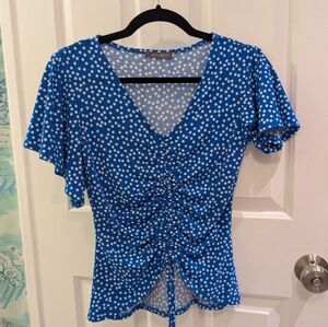 Suzy Shier Blue and White Flutter Sleeve Blouse with Ruched Tie Front